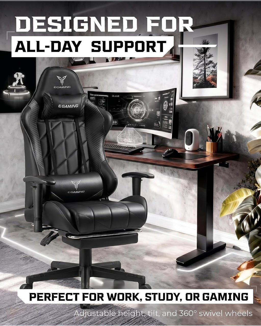 GTPLAYER Gaming Chair, Big and Tall Video Game Chair with High Back PU Leather, Home Office Ergonomic Computer Chair with Footrest, Adjustable Height, 360° Swivel Wheels for Adults and Teens