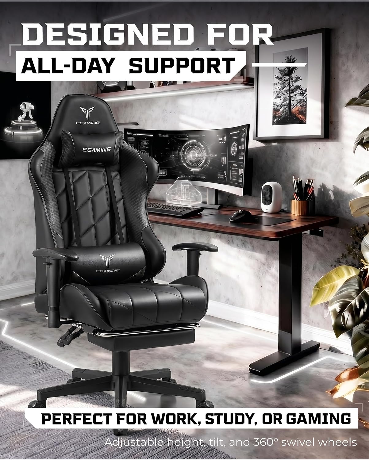 GTPLAYER Gaming Chair, Big and Tall Video Game Chair with High Back PU Leather, Home Office Ergonomic Computer Chair with Footrest, Adjustable Height, 360° Swivel Wheels for Adults and Teens