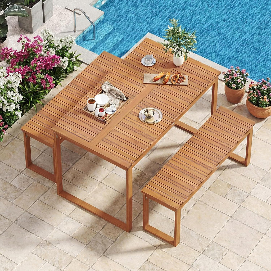 Tangkula Acacia Wood Outdoor Bench Backless, 2-Person Wood Patio Bench with Slatted Seat, Outdoor Backless Dining Bench for Backyard, Poolside, Porch (43.5")