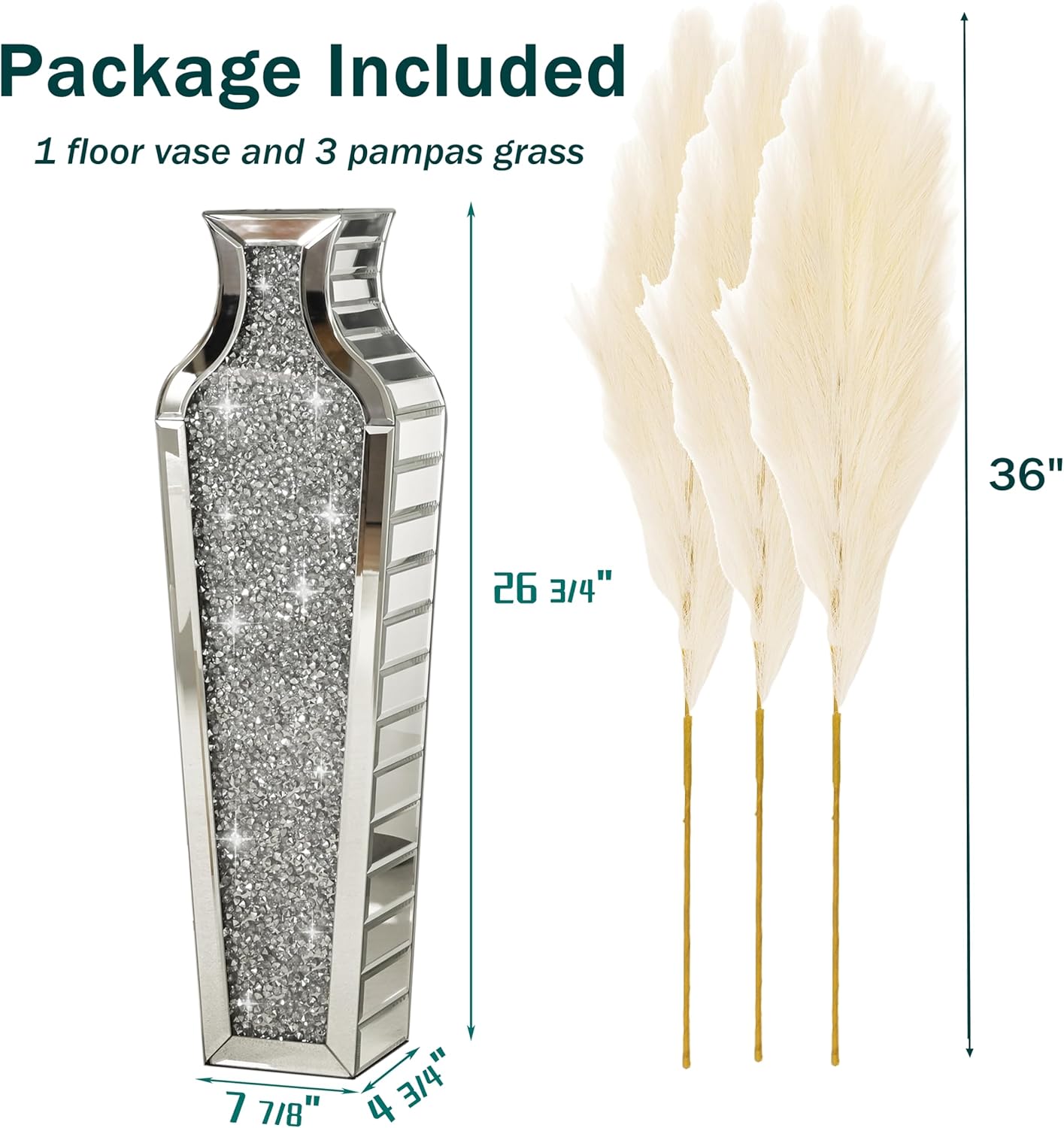 SHYFOY Crushed Diamond Floor Vase with Pampas Grass, Large Silver Mirror Tall Vases for Floor, Modern Luxury Glass Vases Home Decor for Living Room Bedroom Home Corner Indoor Office, 26.8" Tall