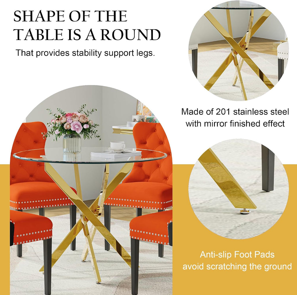 5-Piece Glass Dining Table Set for 4, Include 36" Round Tempered Glass Kitchen Table and 4 Orange Black High Back Chairs for Dining Room, Living Room (Gold Table Legs)