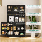 YITAHOME 71''H Kitchen Pantry Cabinet with Drawer, Doors, Goblet Holder, Wine Rack for Storage, Tall Cabinet with Power Outlet for Kitchen & Living Room (Black Oak)