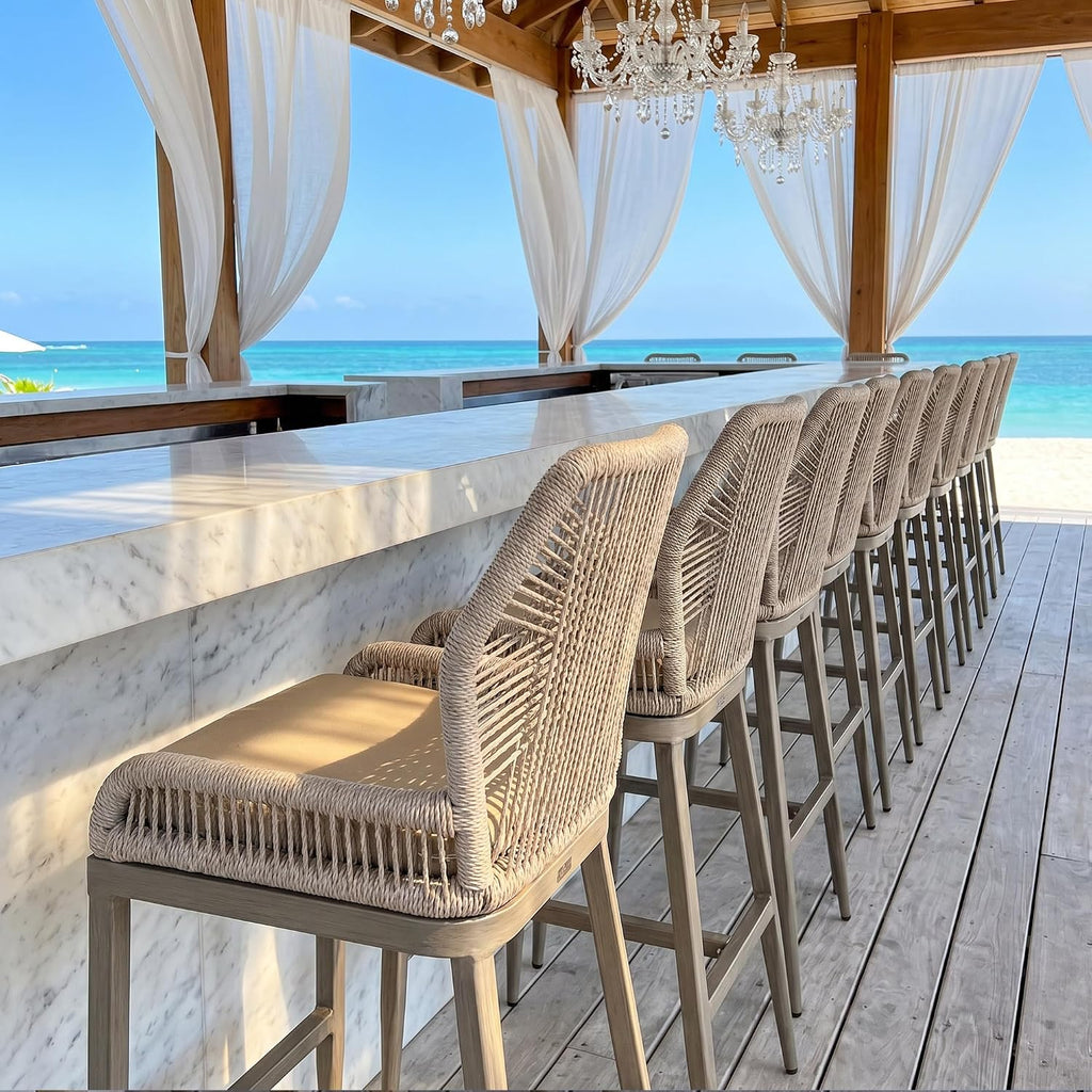 PURPLE LEAF Patio Bar Stools 28" H Set of 4 Handwoven Wicker Bar Height Stool Modern Aluminum High Bar Chairs Outdoor Wicker Barstools with Back and Khaki Cushion for Kitchen Pool Island