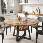 Garvee 47" Inch Round Dining Table for 4, Farmhouse Dining Room Circle Dinner Table,Space Saving Wood Kitchen & Dining Room Furniture, Round Tables with Storage and Metal Square Legs, Brown