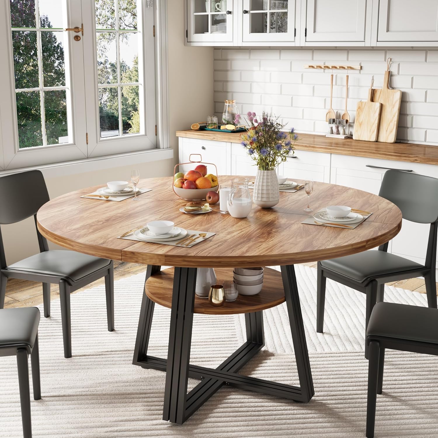 Garvee 47" Inch Round Dining Table for 4, Farmhouse Dining Room Circle Dinner Table,Space Saving Wood Kitchen & Dining Room Furniture, Round Tables with Storage and Metal Square Legs, Brown