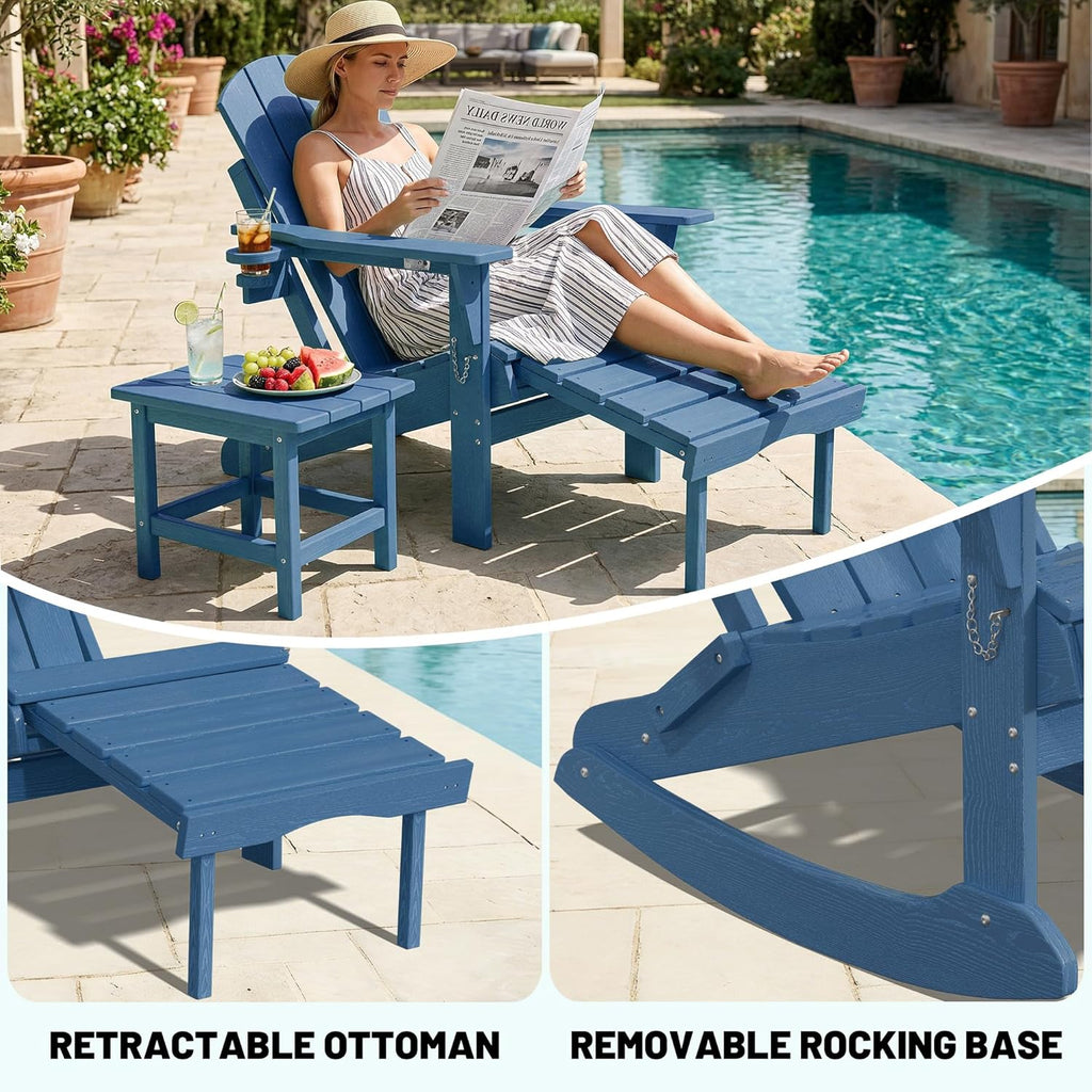 PLUUV Folding Adjustable Adirondack Rocking Chair Set of 2 with Retractable Ottoman and Cup Holders, Outdoor HDPE Adirondack Rocker Patio Chair, Wood-Like Reclining Adirondack Chair, Navy