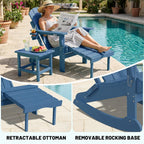 PLUUV Folding Adjustable Adirondack Rocking Chair Set of 2 with Retractable Ottoman and Cup Holders, Outdoor HDPE Adirondack Rocker Patio Chair, Wood-Like Reclining Adirondack Chair, Navy