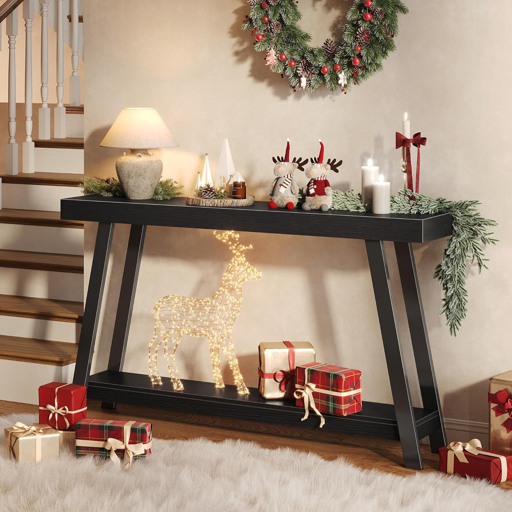 Huuger Console Table with Charging Station, USB-C Port, 2 Tiers Entryway Table, 53.9 Inch Sofa Table with Metal Legs, Entry Hallway Table with Thicker Desktop, Modern Behind Couch Table, Black