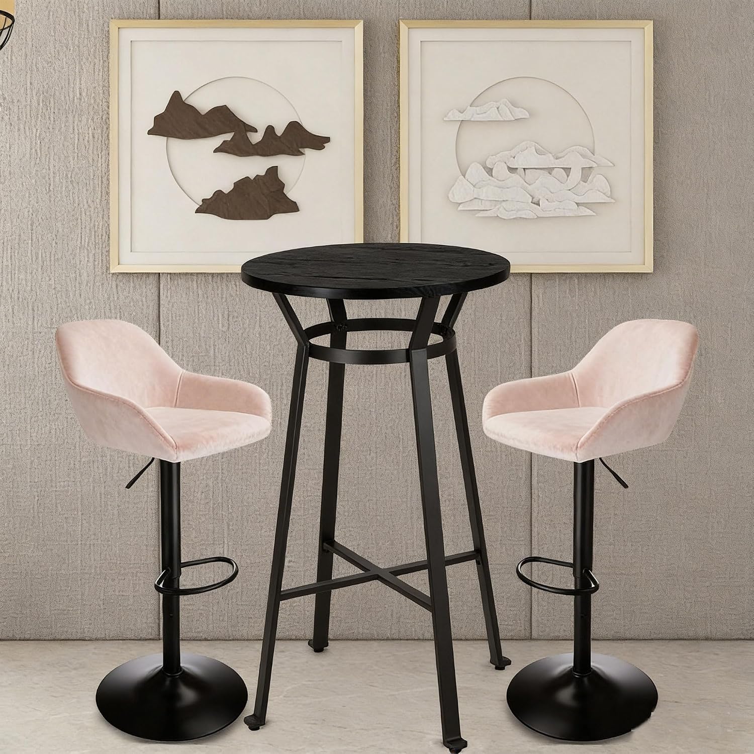 Glitzhome Bar Table and Chairs Set, Round Black Steel Pub Table with Soild Elm Wood Top and Bar Height Adjustable Swivel PU Leather Bar Stool for Breakfast Nook Living Room Small Space Restaurant
