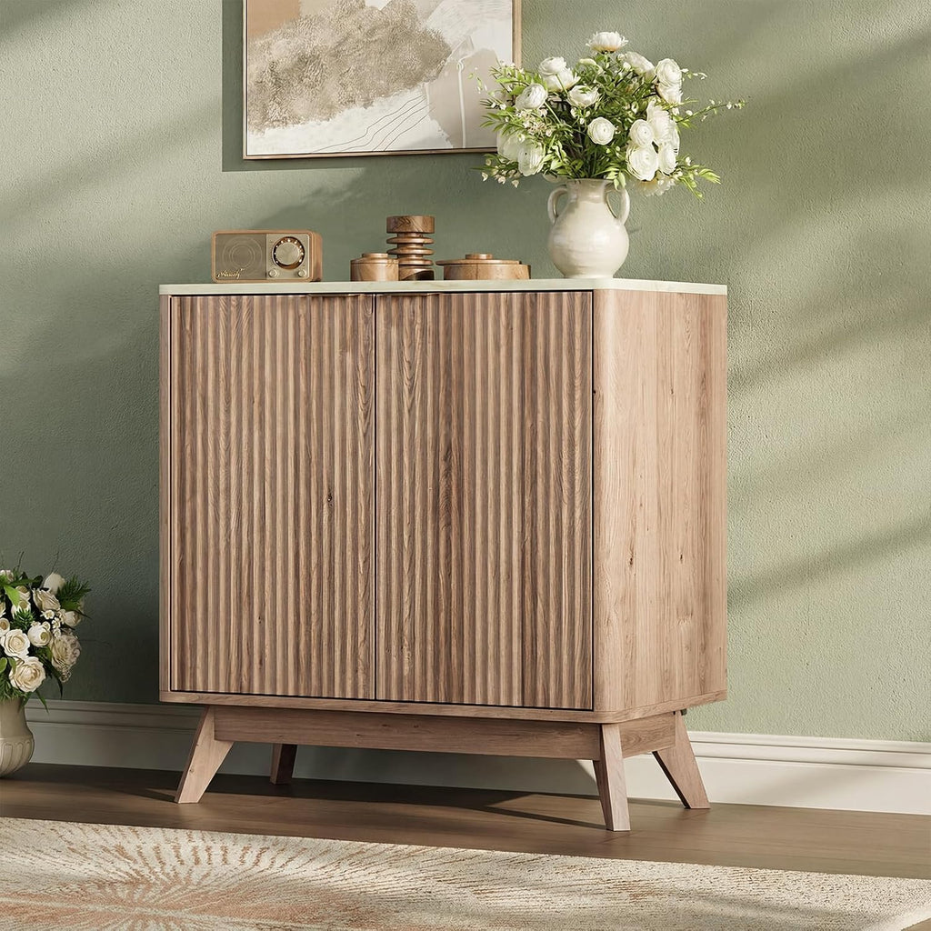 29'' Sideboard Buffet Cabinet with Storage, Fluted Cabinet with Rounded Corners, Modern Buffet Table Accent with 2 Doors for Coffee Bar, Console Table,Oak