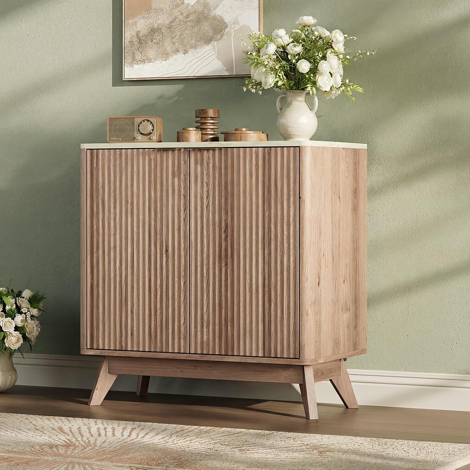 29'' Sideboard Buffet Cabinet with Storage, Fluted Cabinet with Rounded Corners, Modern Buffet Table Accent with 2 Doors for Coffee Bar, Console Table,Oak