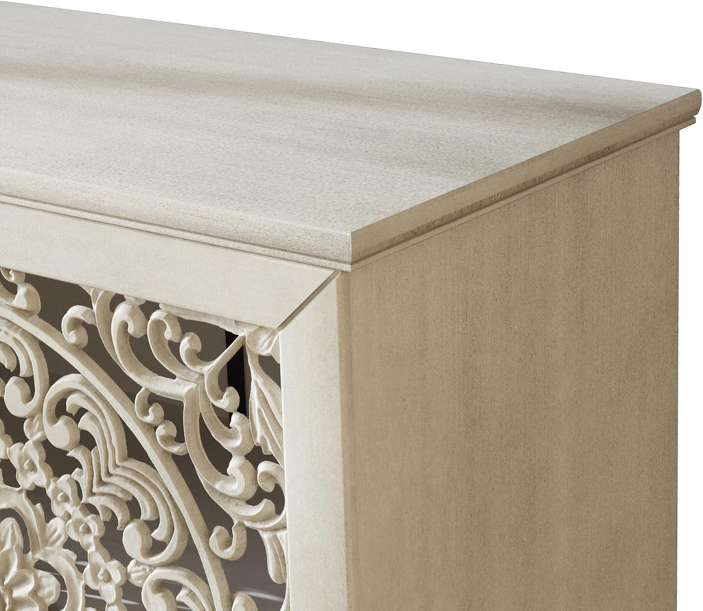 Vintage Sideboard Buffet Table Accent Credenza Storage Cabinet with 4 Hollow Carving Doors Adjustable Shelves Wood Legs for Kitchen Dining Living Room Entryway 60 Inch Antique White