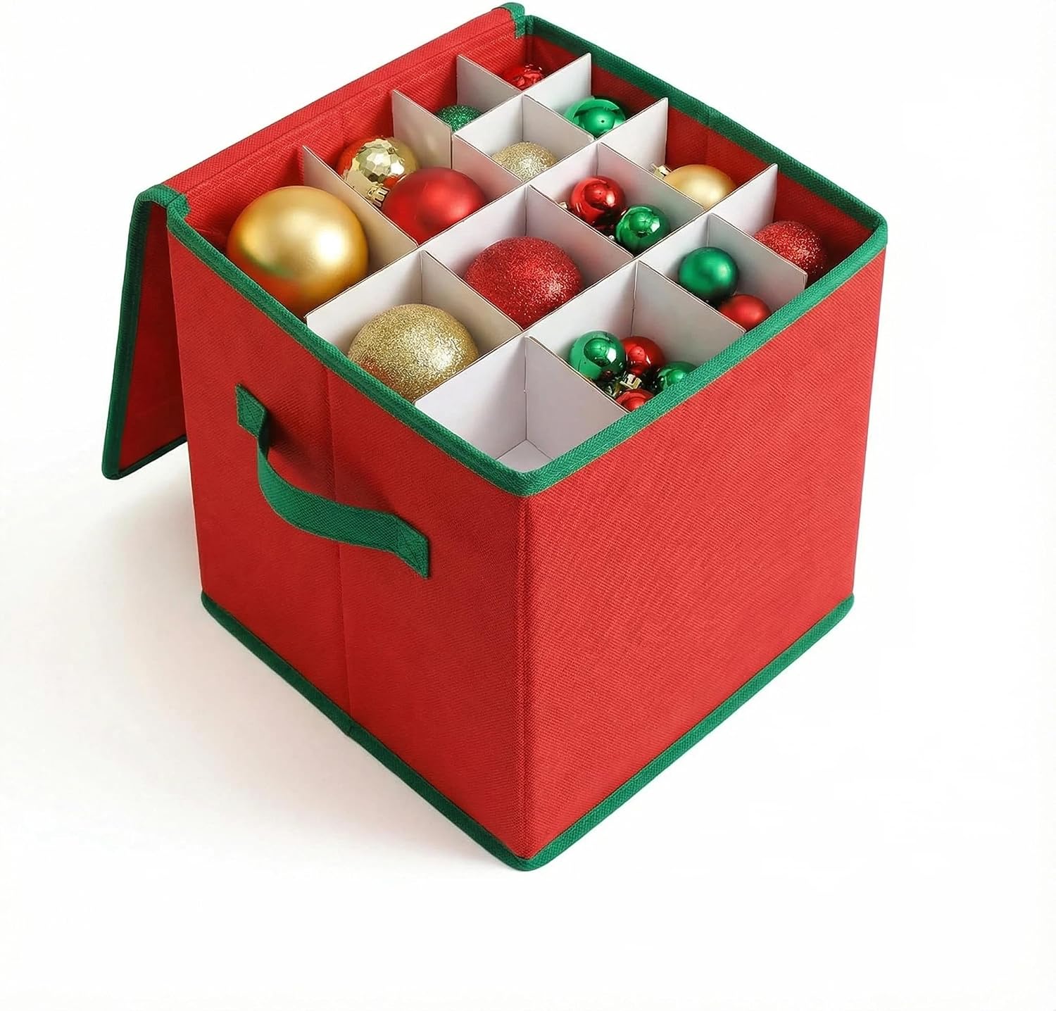 Christmas Ornament Organizer and Storage Box - Tear-Proof Non-Woven Container with 3-Inch Cube Compartments and Dual Zippers - Holds 64 Ornaments - Red