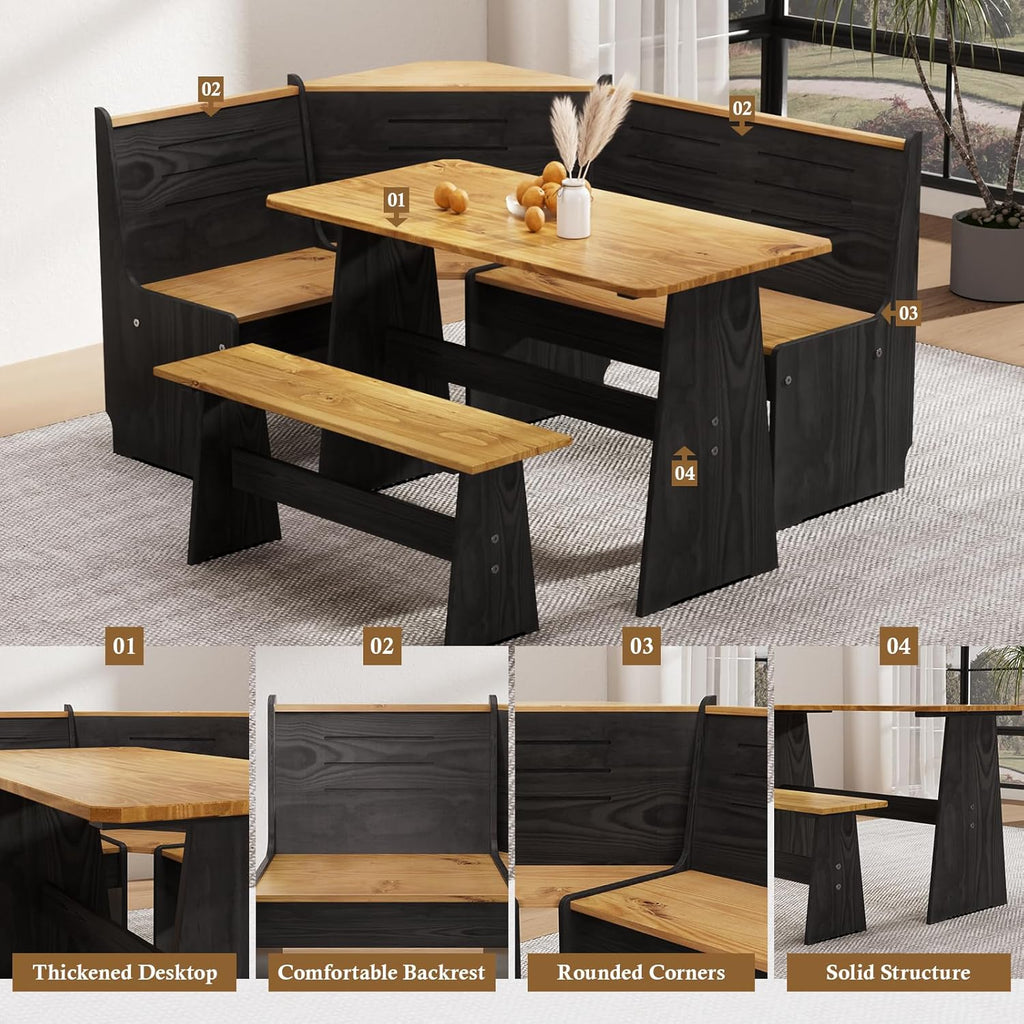 Breakfast Nook Dining Table Set – Black Corner Bench Dining Table, L Shaped Kitchen Nook Booth, Space-Saving Corner Dining Table Set for Kitchen, Apartment, Small Space