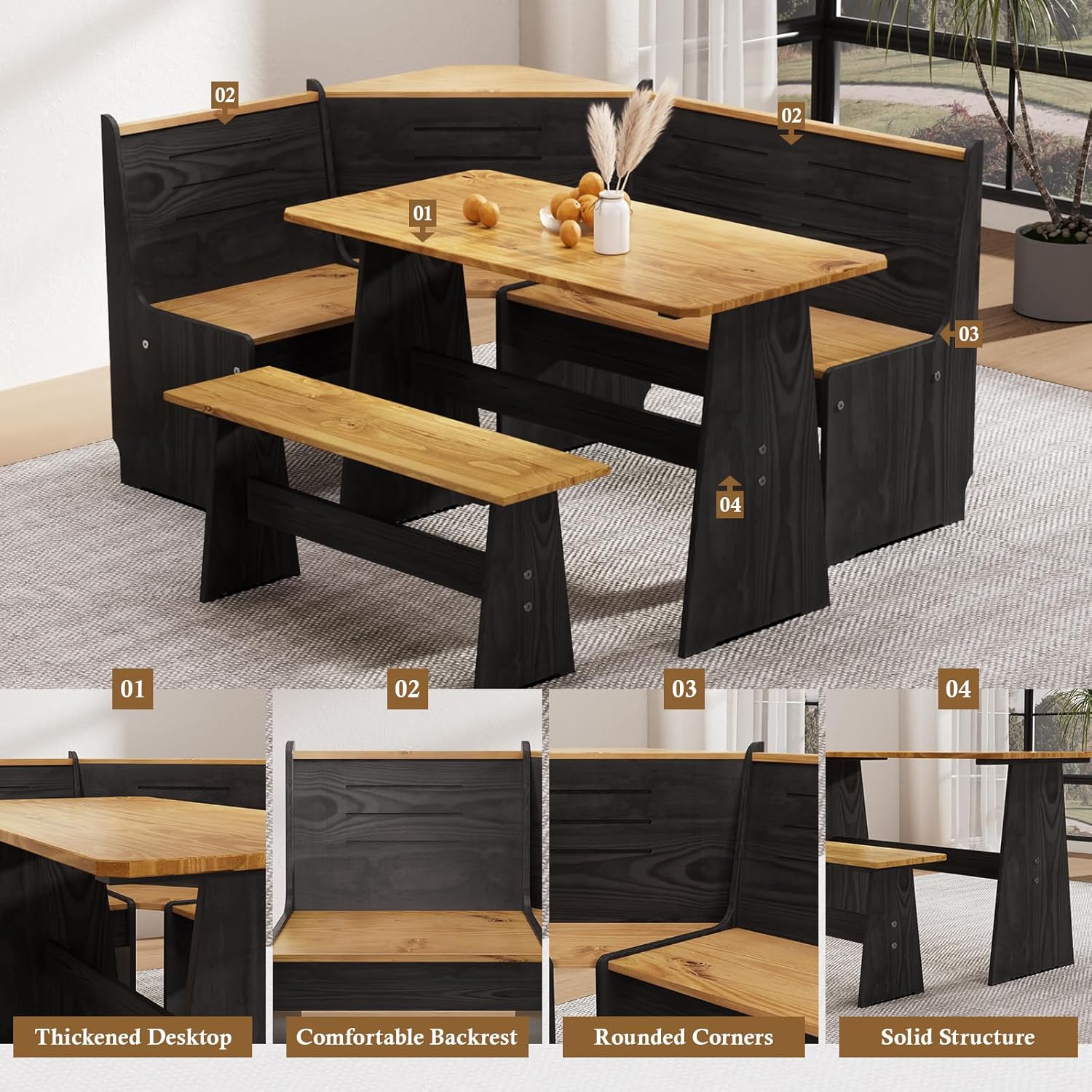 Breakfast Nook Dining Table Set – Black Corner Bench Dining Table, L Shaped Kitchen Nook Booth, Space-Saving Corner Dining Table Set for Kitchen, Apartment, Small Space