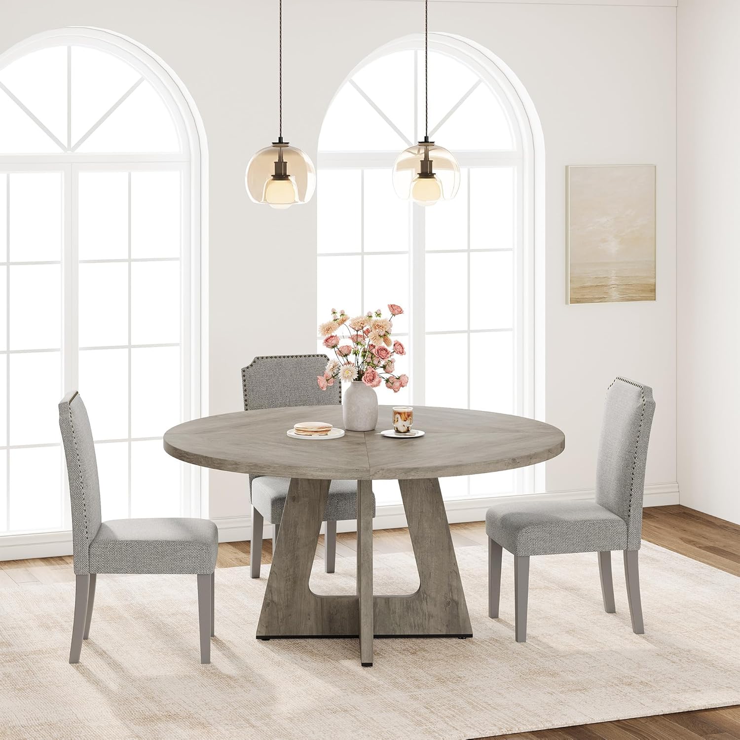 Garvee 47" Round Dining Table for 4 to 6, Farmhouse Kitchen Table with Cross Pedestal Base, 63 Lbs Circle Dinner Table, Not Easy to Slide - Grey (No Chairs)