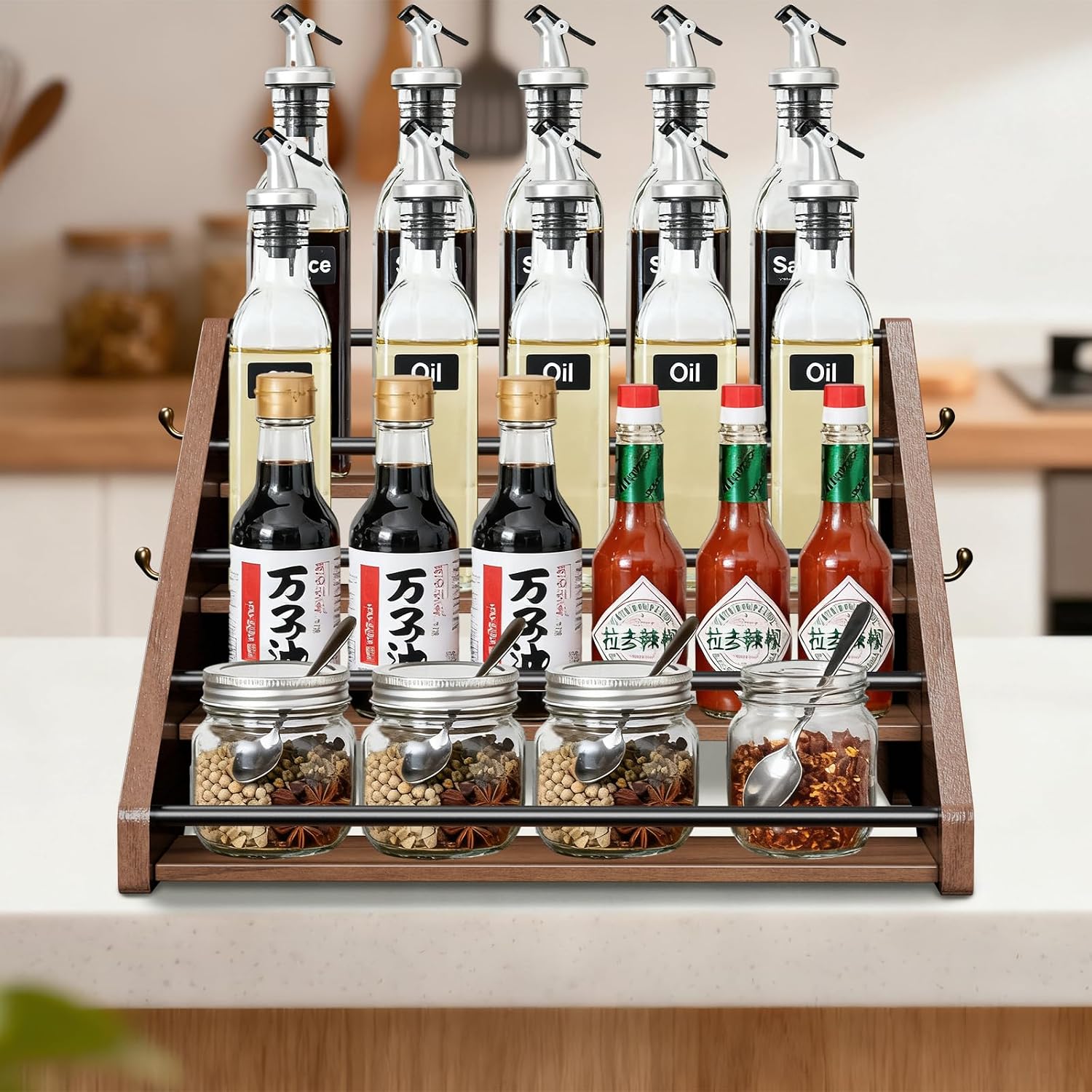 Coffee Syrup Organizer, 4-Tier Solid Wood Syrup Rack, Wine Rack, Storage Organizer for 16 Syrup Bottles/Spice Jars/Liquor Bottles, Sturdy Storage Stand for Coffee Bar