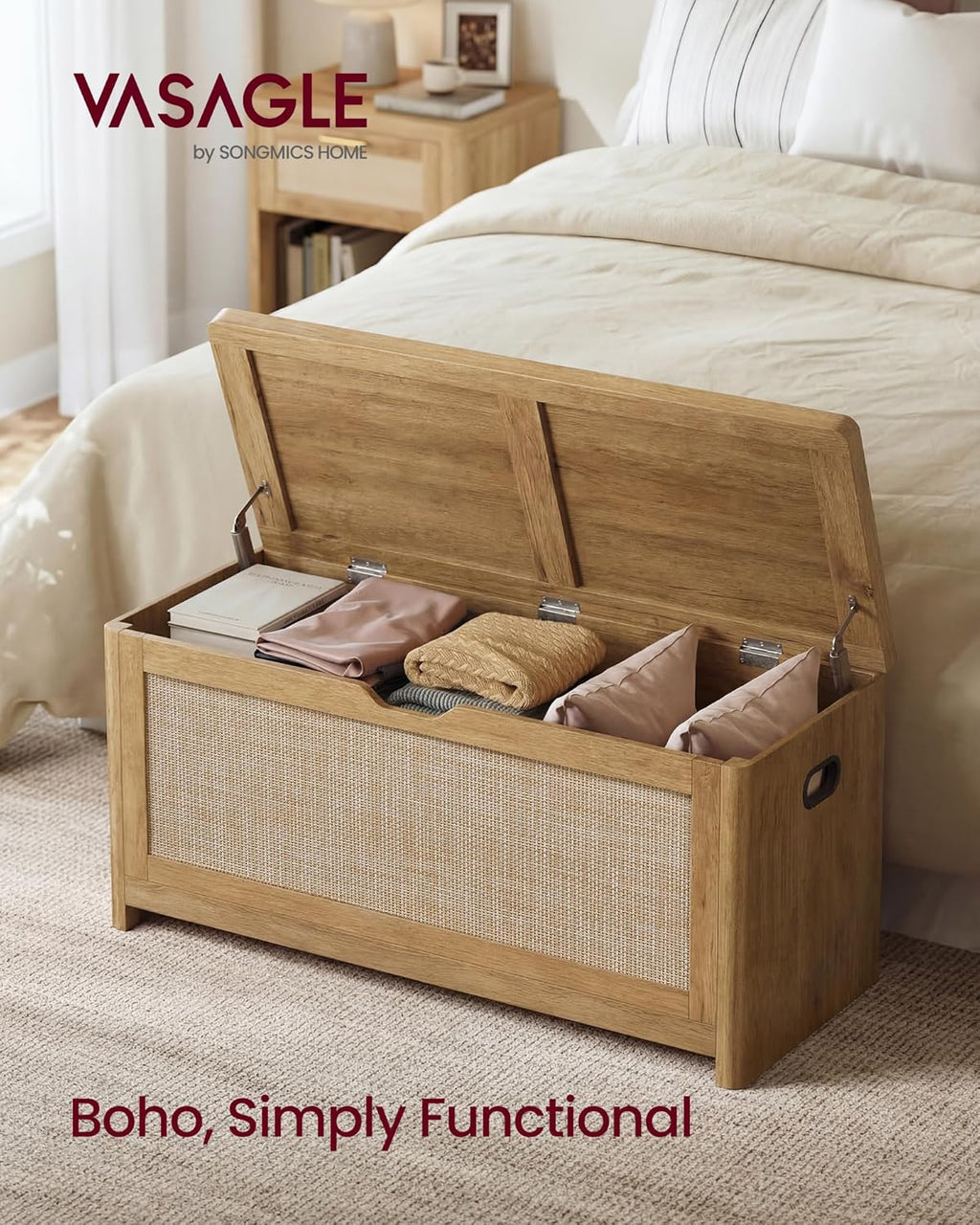 VASAGLE ELLAN Collection - Boho Storage Bench with Rattan Look, Storage Chest with Rounded Corners, Blanket Chest and Trunk with Seat for Bedroom Entryway, Natural Brown ULSB503KC01