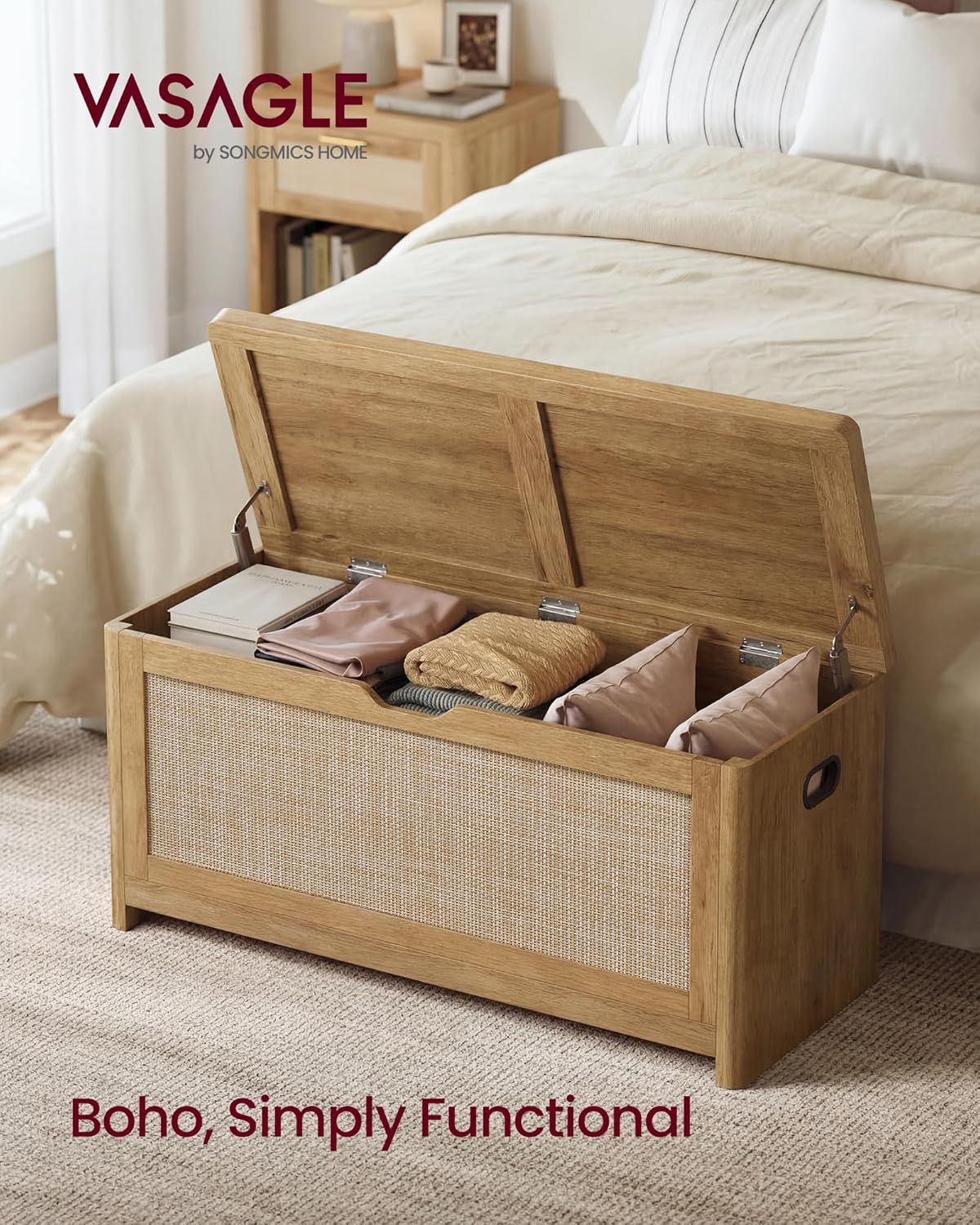 VASAGLE ELLAN Collection - Boho Storage Bench with Rattan Look, Storage Chest with Rounded Corners, Blanket Chest and Trunk with Seat for Bedroom Entryway, Natural Brown ULSB503KC01