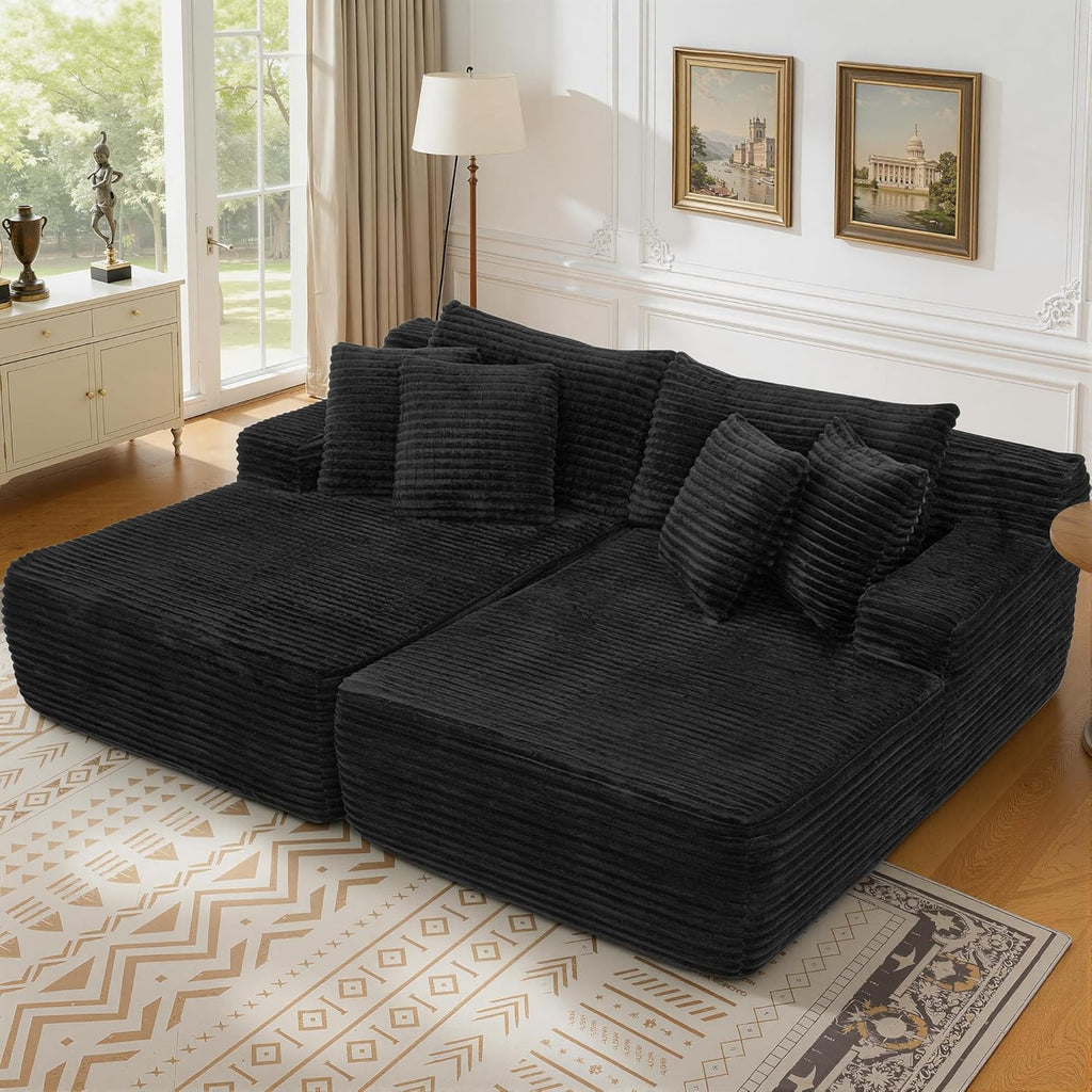 83” Oversized Double Chaise Lounge Indoor, Black Corduroy Chaise Lounge Chair, Upholstered Sleeper Sofa Bed, Deep Seat Sleeper Loveseat Reading Chairs, Boneless Cloud Couch for Living Room Bedroom