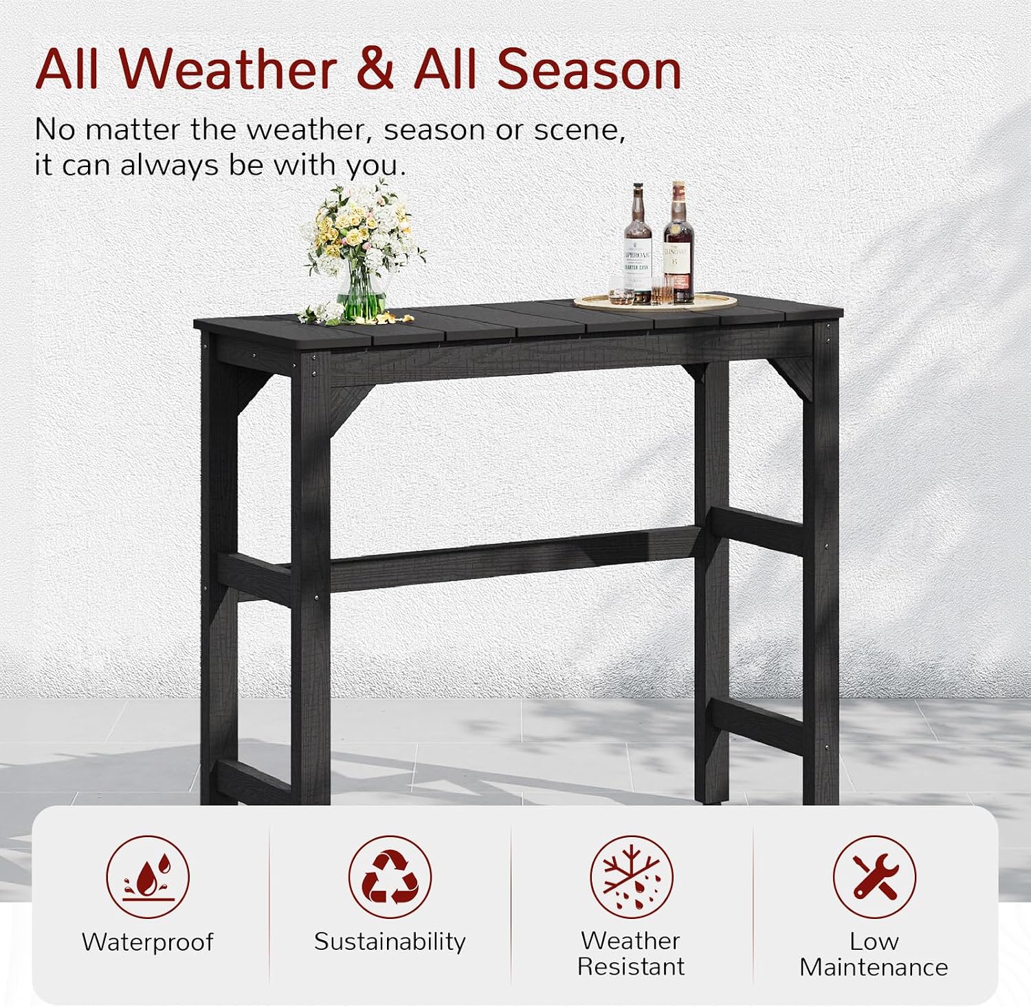 Stoog 3-Pieces Patio Bar Set, All-Weather HIPS Outdoor Bar Stools Set of 2, Counter Height Bar Table with Waterproof Top, Never Fade or Rot, Black