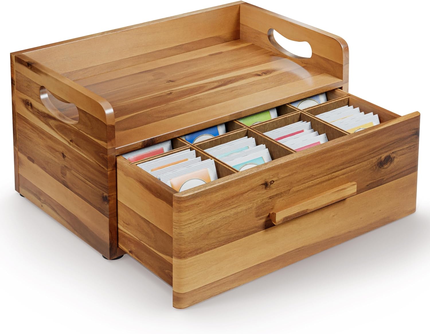 Tinamo Acacia Wooden Tea Box Organizer with Drawer – Tea Chest for Tea Bags Storage – Tea and Coffee Organizer - Wooden Tea Tray and Containers for Countertop Display (Acacia)