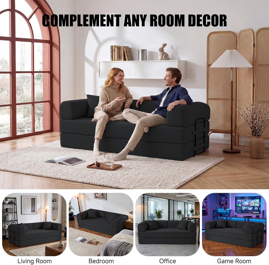 79" Compressed Sofa, Convertible Sofa Bed, Corduroy Compression Boneless Couch with Pillow, Comfy Modular Foldable Floor Sleeper Sofa for Bedroom, Living Room, Lounge, Studio (Black)