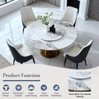 Montary 9 Piece Modern Dining Table Set of 8, Round 59" D Faux Marble Kitchen Table with Lazy Susan, Sintered Stone and Metal Dining Room Table with 8 Dining Chairs, for Home, Living Room