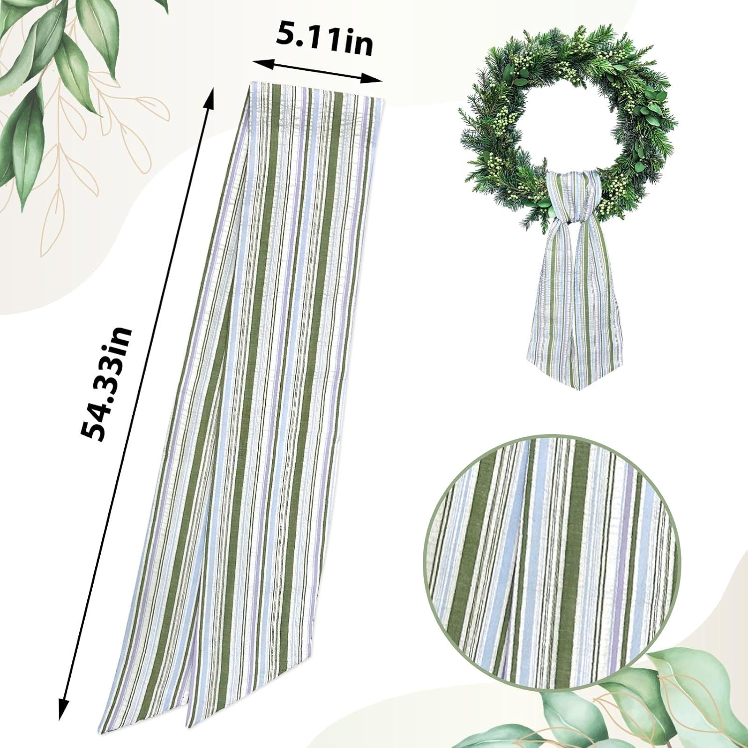 Wreath Sash for Front Door Colorful Seersucker Wreath Satin Sash Burlap Garland Ribbon Accessories for Wreath Yard Doorway Indoor Outdoor Bow Bridal Shower Home Decor,5.1 x 54.3