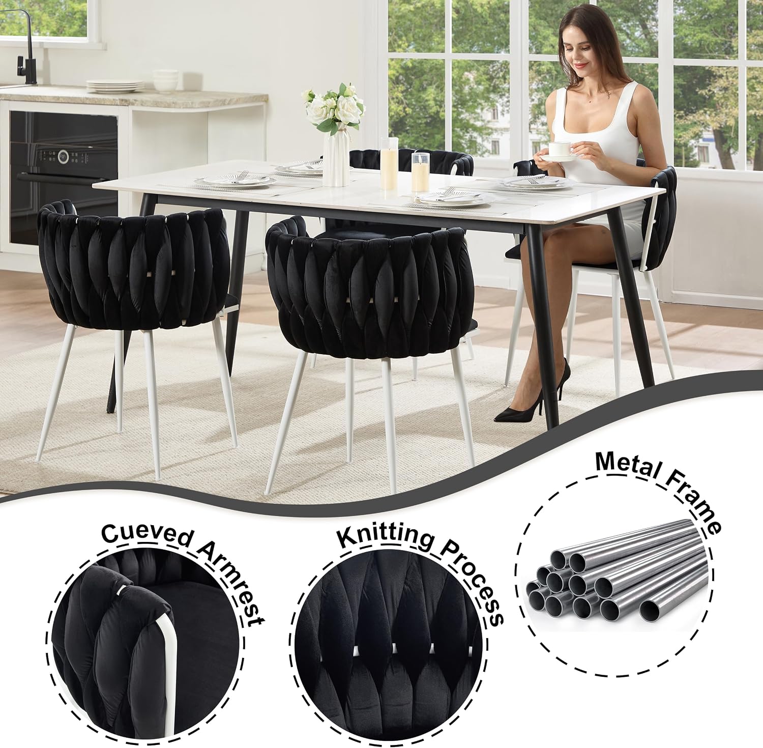 Velvet Dining Chairs Set of 4, Woven Upholstered Side Chairs with White Metal Legs, Modern Accent Chairs Kitchen & Dining Room Chair for Bedroom Living Room (Black + White Legs, Set of 4)