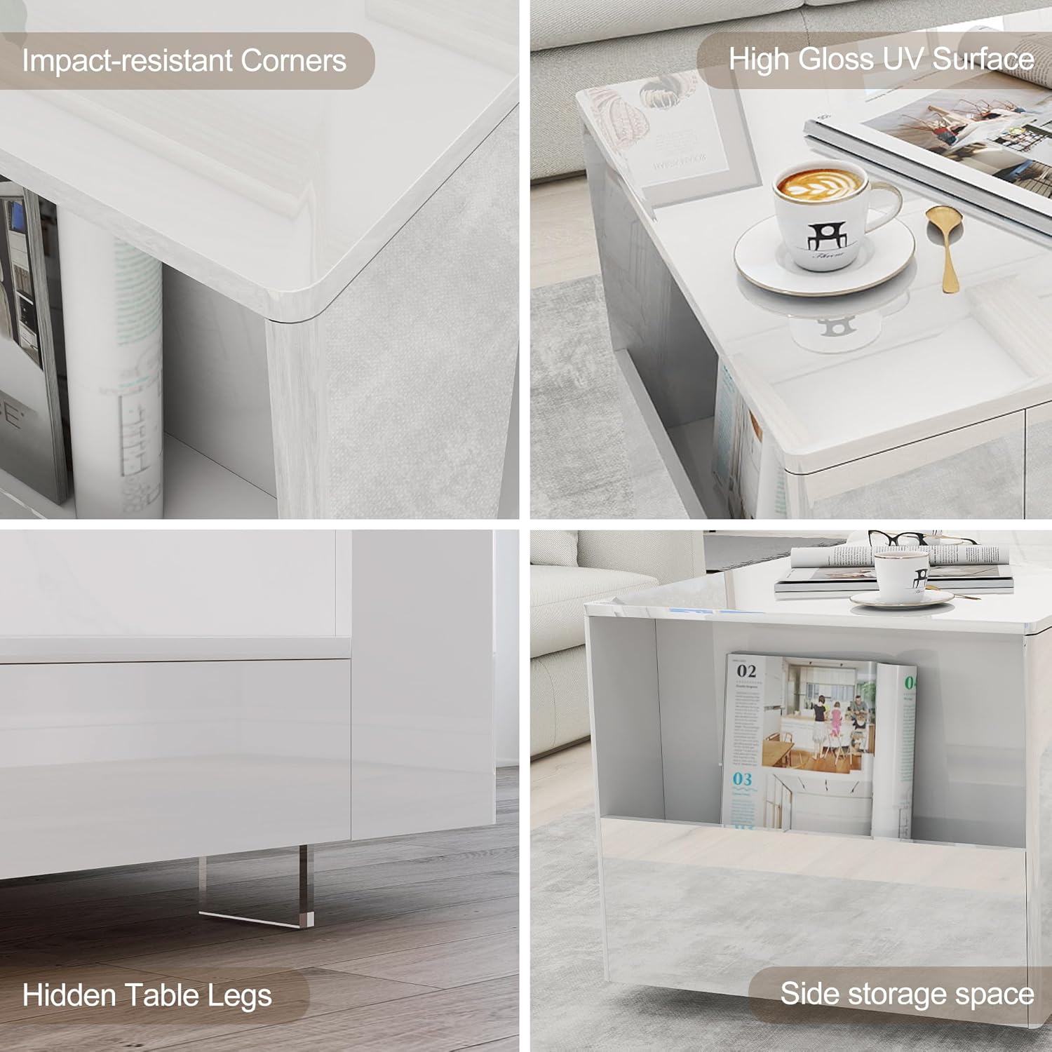 Coffee Table with Storage, 39" High Gloss Small Center Table with Transparent Legs and Sides Storage, Modern 2-Tier Coffee Tables for Living Room, Home Office, Apartment, White