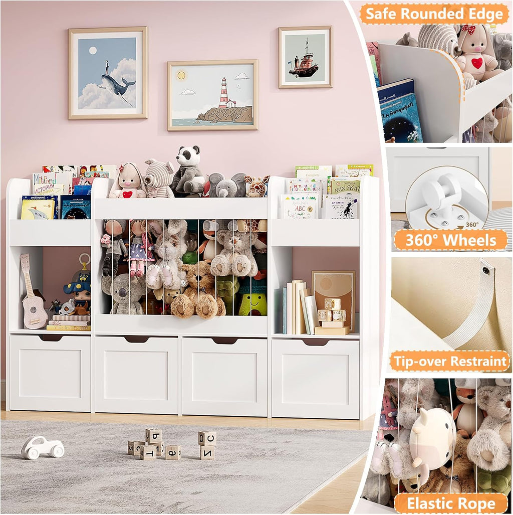 63"W Toy Storage Organizer, 132L Stuffed Animal Holder with 4 Rolling Drawers, 3-Tier Kids Bookshelf and 2 Storage Cubes, 4-in-1 Plush Toy Shelf for Playroom, Toddler Bookcase for Nursery, White