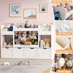 63"W Toy Storage Organizer, 132L Stuffed Animal Holder with 4 Rolling Drawers, 3-Tier Kids Bookshelf and 2 Storage Cubes, 4-in-1 Plush Toy Shelf for Playroom, Toddler Bookcase for Nursery, White