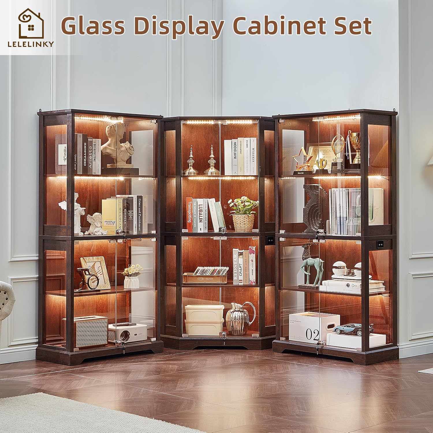 LELELINKY Farmhouse Glass Display Cabinet with Doors, Wooden Curio Cabinet for Collectibles with 3-Color LED Motion-Sensor Light & Reinforced Base, Walnut
