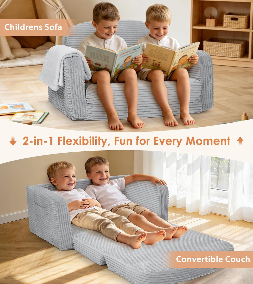 Extra Wide 2-in-1 Convertible Kids Couch | Large Corduroy Toddler Sofa Chair with Storage Pocket & Blanket | Foldable Foam Play Couch| Non-Toxic, for Boys & Girls, Grey