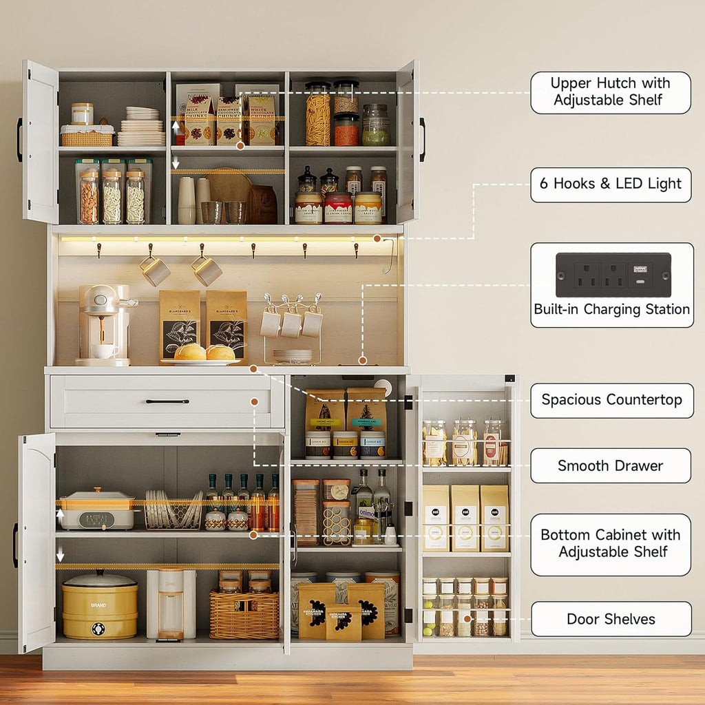 71” Tall Kitchen Pantry Cabinet with LED Light & Outlet & Drawer, Pantry Storage Cabinet with Microwave Shelf & 6 Hooks, Kitchen Hutch with Door Shelves & Adjustable Shelves, for Dining Room