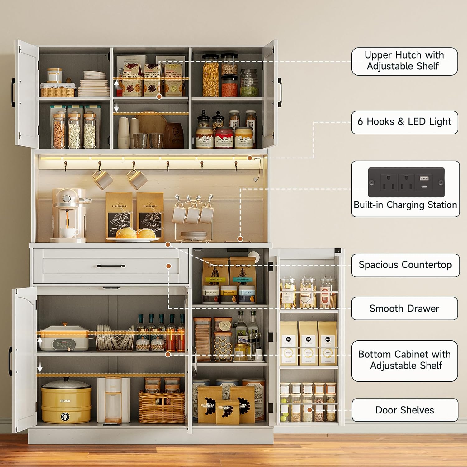 71” Tall Kitchen Pantry Cabinet with LED Light & Outlet & Drawer, Pantry Storage Cabinet with Microwave Shelf & 6 Hooks, Kitchen Hutch with Door Shelves & Adjustable Shelves, for Dining Room