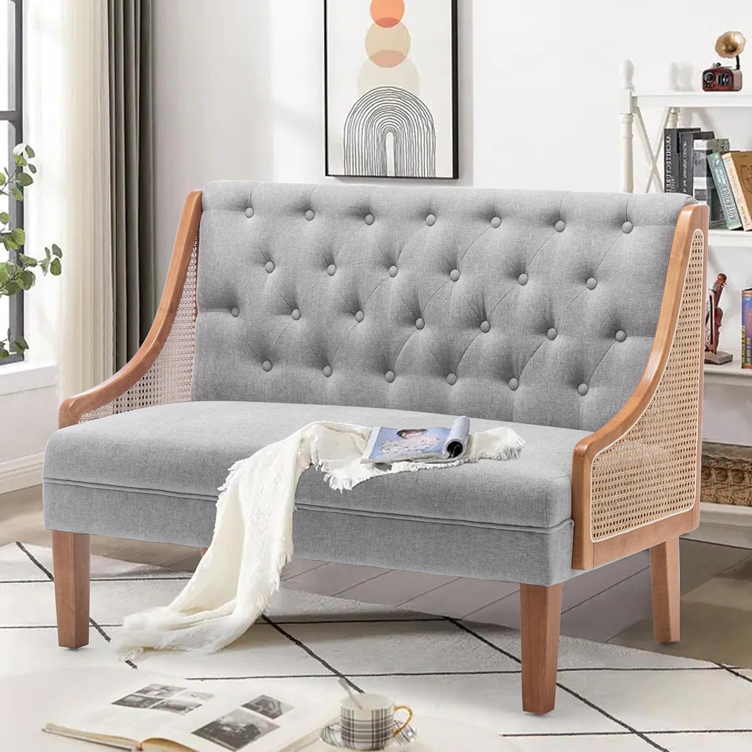 Upholstered Settee Bench Small Loveseat Sofa Rattan Dining Bench with Back Banquette Seating for Kitchen Dining Room Living Room Button Tufted Mini Couch Grey