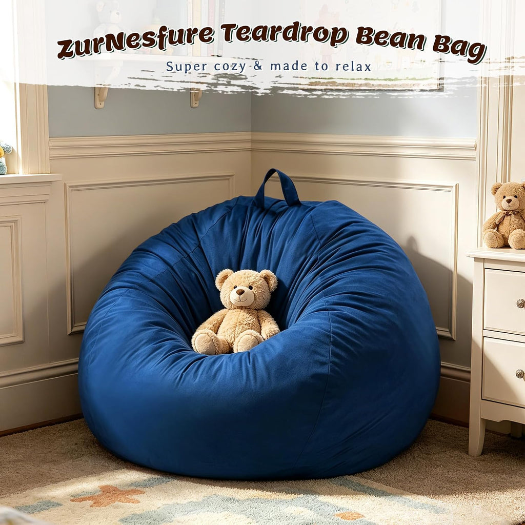 ZurNesfure Bean Bag Chair, Teardrop Small Bean Bag with Filling, 2.5FT Bean Bag Chairs for Living Room, Washable Comfy Chair with Handle, Fluffy Bean Bag for Reading Gaming Relaxing (Blue, 2.5FT)