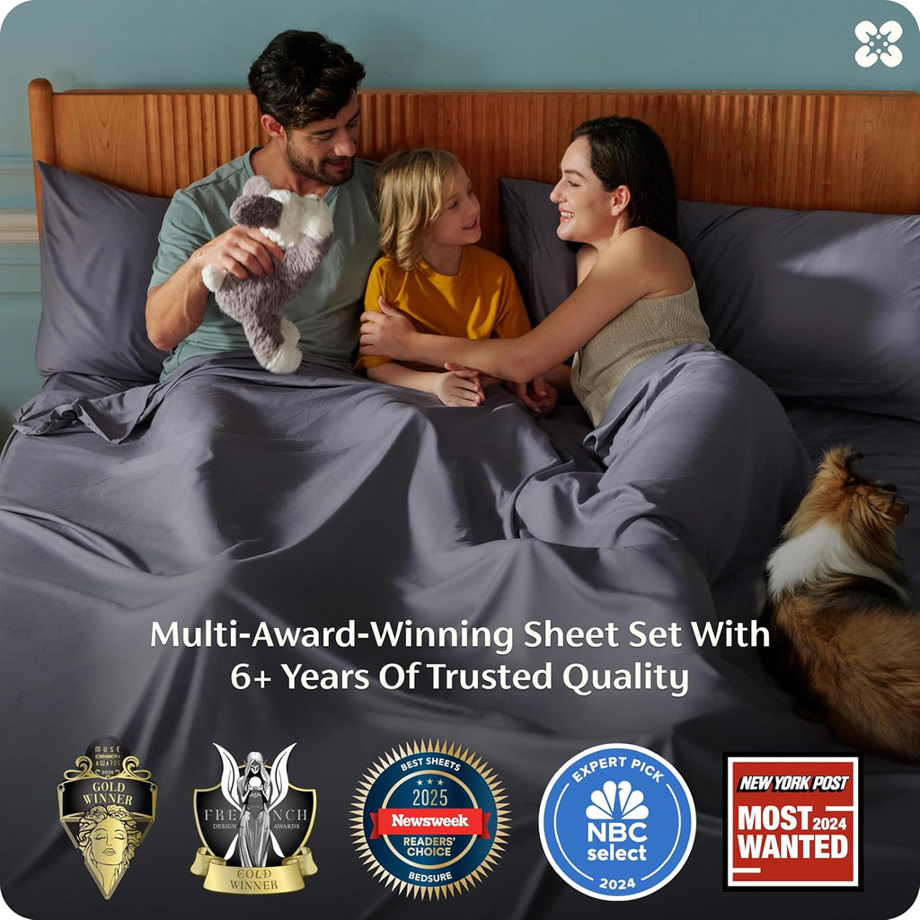 Bedsure Queen Sheet Set, Cooling Sheets for Queen Size Bed Set, Rayon Derived from Bamboo, PureWoven, Breathable & Soft, Deep Pocket Up to 16", Hotel Luxury Silky Bedding for Hot Sleepers, Dark Grey