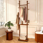 Coat Rack Freestanding Solid Wood Clothing Rack with Wheels & 2 Storage Shelves & 5 Hooks,Rotary Heavy Duty Wood Coat Tree Stand Hat Hanger Rack for Entryway Bedroom Living Room Corner(Walnut)