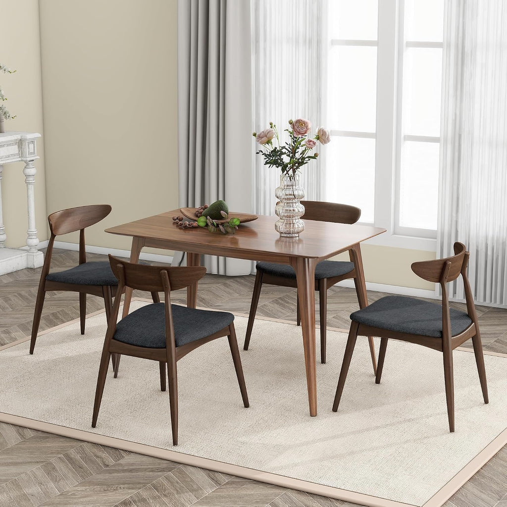 Solid Rubberwood Dining Chairs Set of 4, Mid-Century Modern Chair with Ergonomic Curved Backrest, Walnut Frame and Black Polyurethane Foam Padded Seat