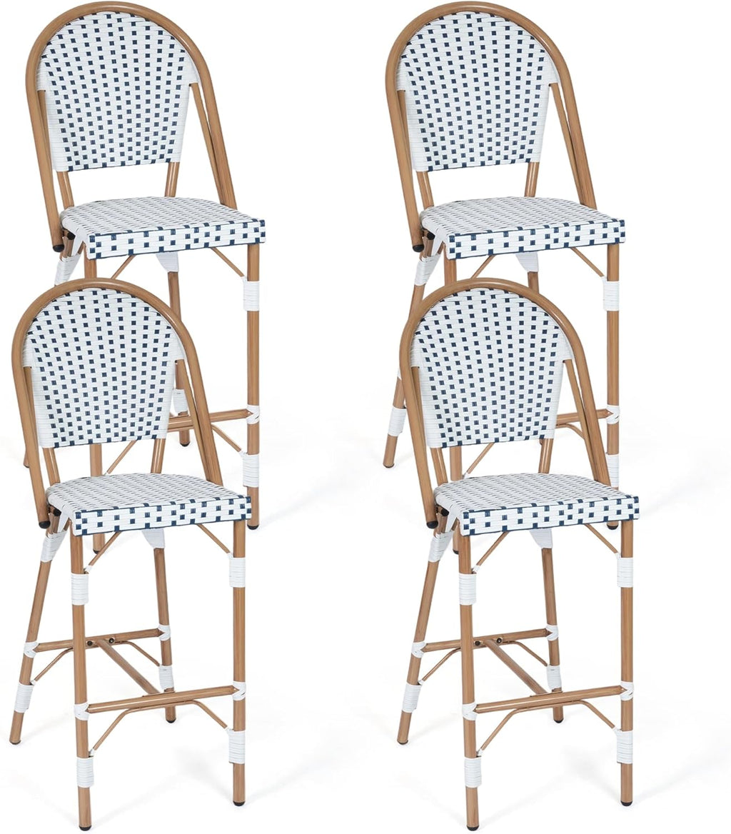 Outdoor French Counter Bar Stools Set of 4, 30" Height Patio Rattan Stools w/Wood Print Finish, All-Weather Armless Wicker Chairs for Poolside Backyard Front Porch Garden Kitchen, White/Blue