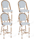 Outdoor French Counter Bar Stools Set of 4, 30" Height Patio Rattan Stools w/Wood Print Finish, All-Weather Armless Wicker Chairs for Poolside Backyard Front Porch Garden Kitchen, White/Blue