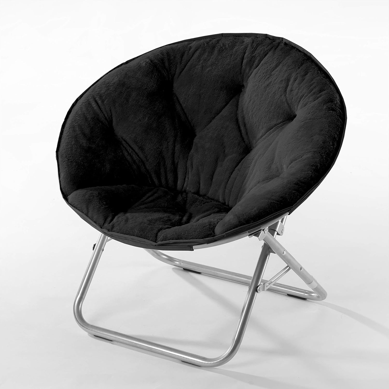 Urban Lifestyle Faux Fur Saucer Chair, Foldable Cozy Accent Chair for Kids, Teens & Adults, Gaming Chair Dorm Chair Bedroom Chair, Metal Frame, Black Faux Fur Seat
