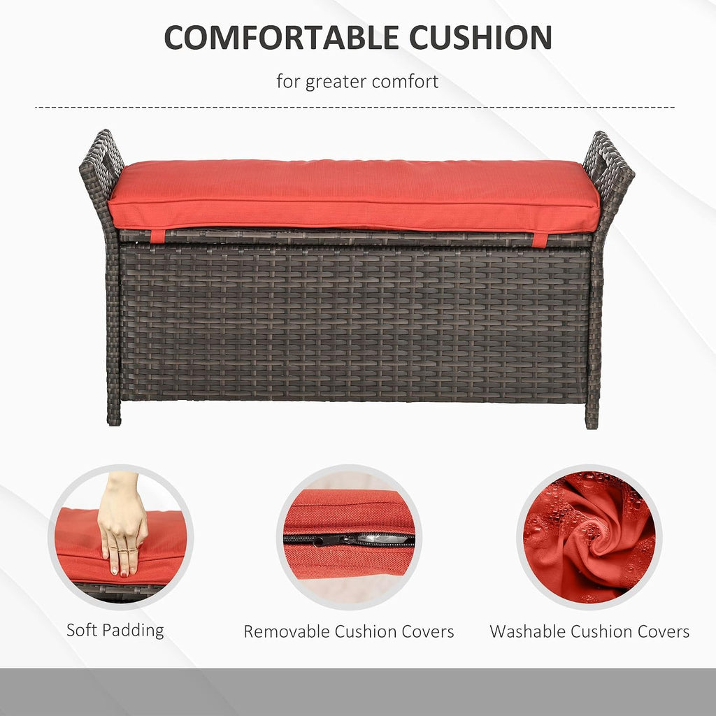 27Gallon Rectangular PE Rattan Storage Bench Heavy Duty Red Waterproof Weather Resistant with Hinged Lid Outdoor Furniture