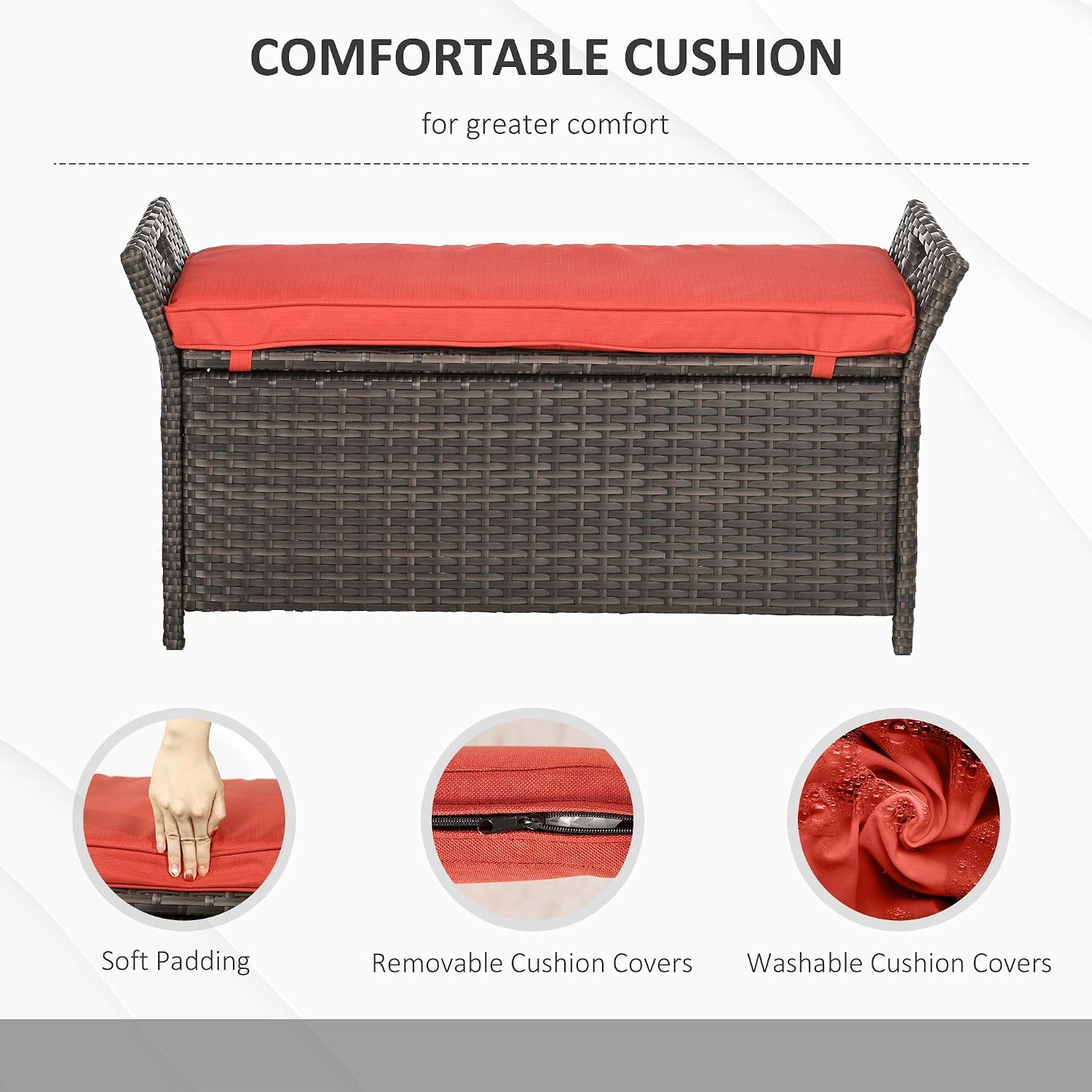 27Gallon Rectangular PE Rattan Storage Bench Heavy Duty Red Waterproof Weather Resistant with Hinged Lid Outdoor Furniture