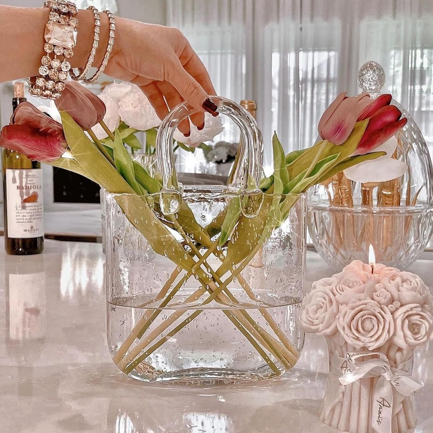 Glass Purse Vase, Handbag-Shaped Flower Vase with Handle, Clear Glass Vases for Home Décor, Weddings, Events, Office, or Table Centerpieces