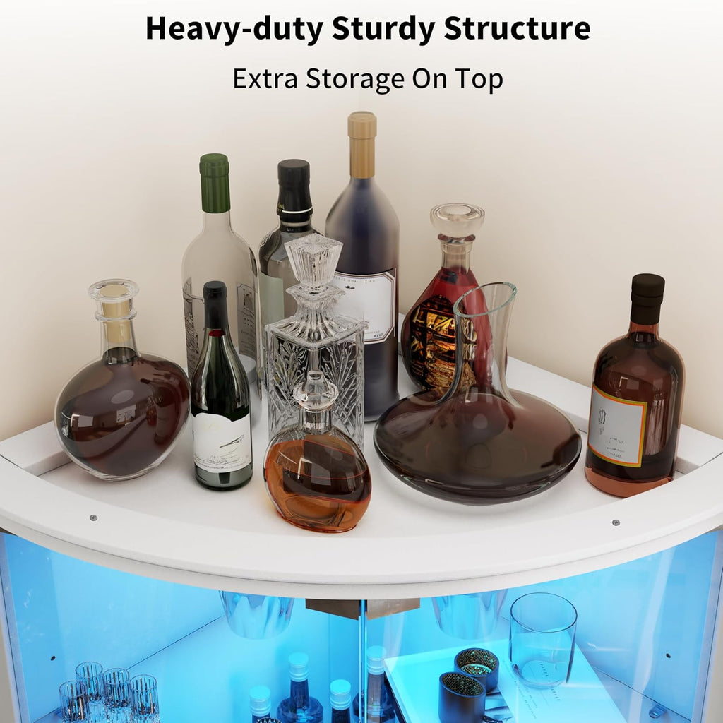 Loomie 70" Corner Bar Cabinet with LED Lights, 6-Tier Modern Wine Cabinet with Glass Door & Glass Holder, Tall Home Bar Liquor Cabinet with Adjustable Shelves for Dining Room, Living Room (White)