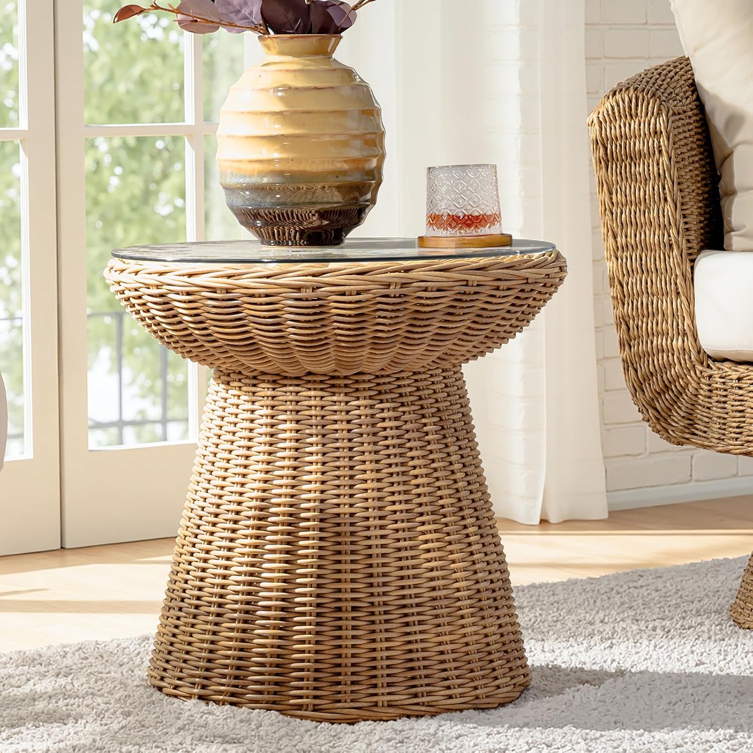 HULALA HOME 20.75" Rattan End Table with Glass Top, Geometric Nightstand for Bedroom, Accent Table with Open Storage for Indoor Outdoor Living Room, No Assembly Required, Natural